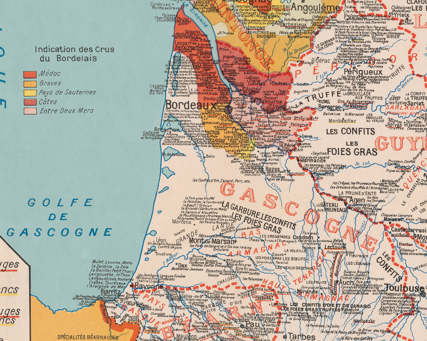 Old GASTRONOMIC Map of FRANCE by Alain Bourguignon Paris Bordeaux