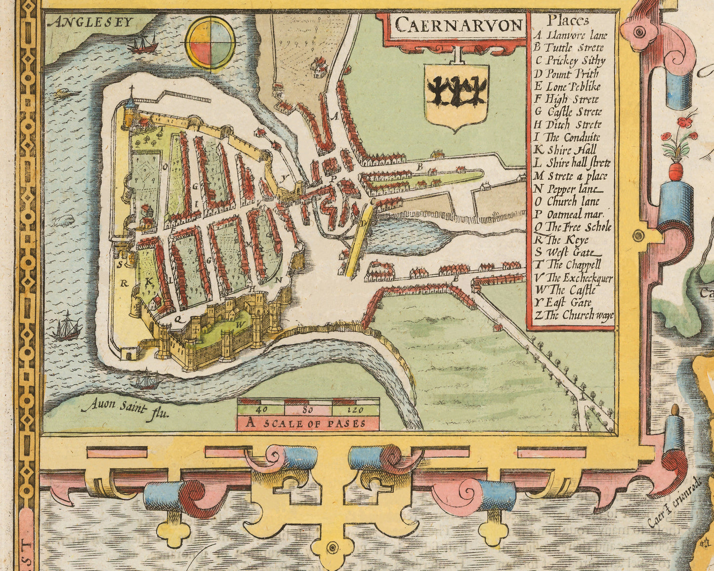 Old CAERNARFON map John Speed 1611 Caernarfon Snowdon Gwynedd Bangor