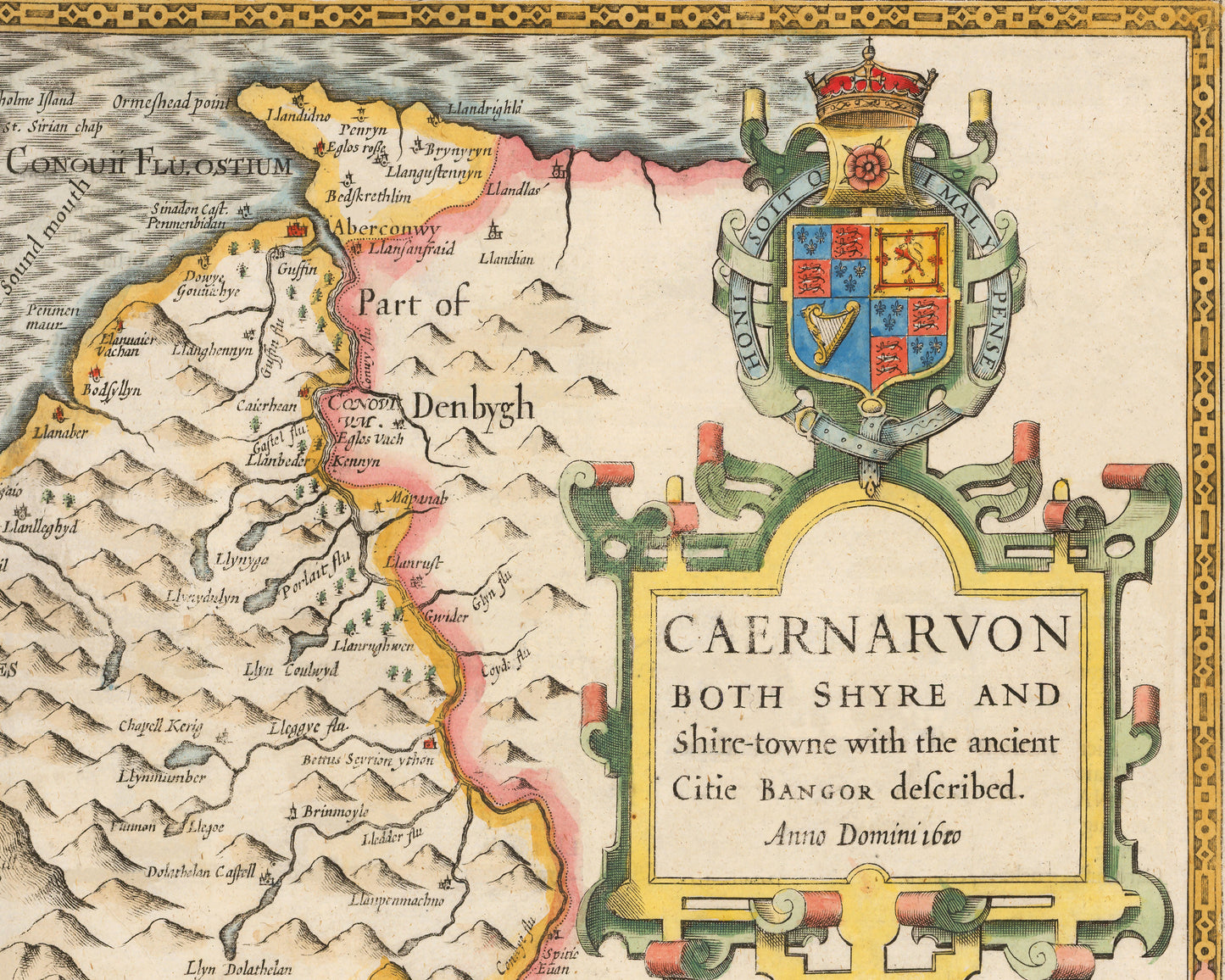 Old CAERNARFON map John Speed 1611 Caernarfon Snowdon Gwynedd Bangor