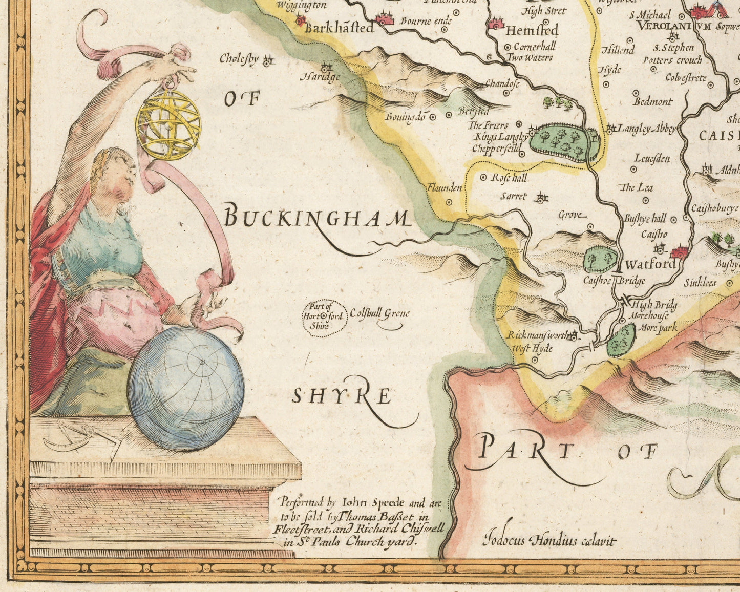 Old HERTFORDSHIRE map by John Speed 1611 St Albans Watford Stevenage