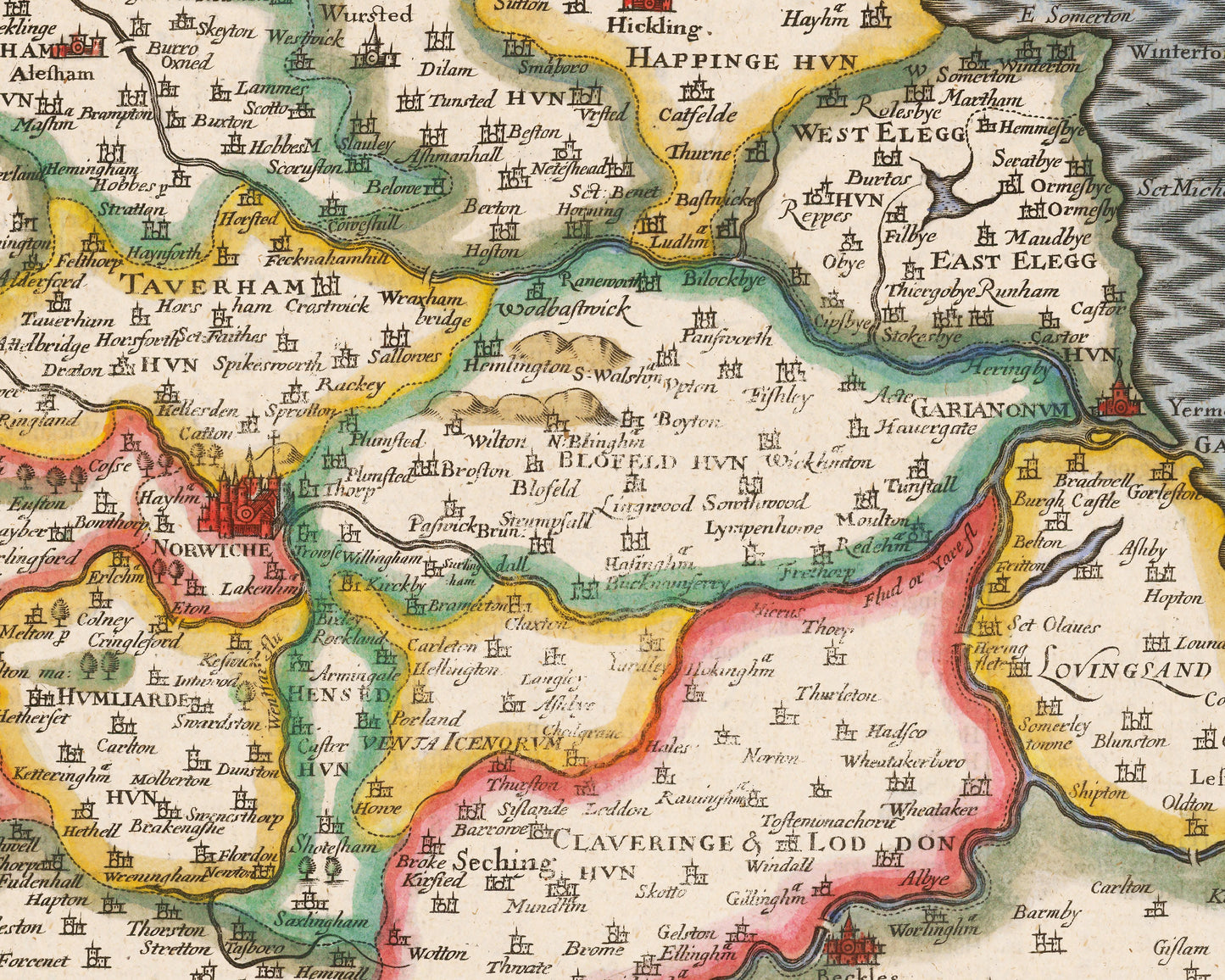 Old NORFOLK map John Speed 1611 Norwich Great Yarmouth Fakenham Diss