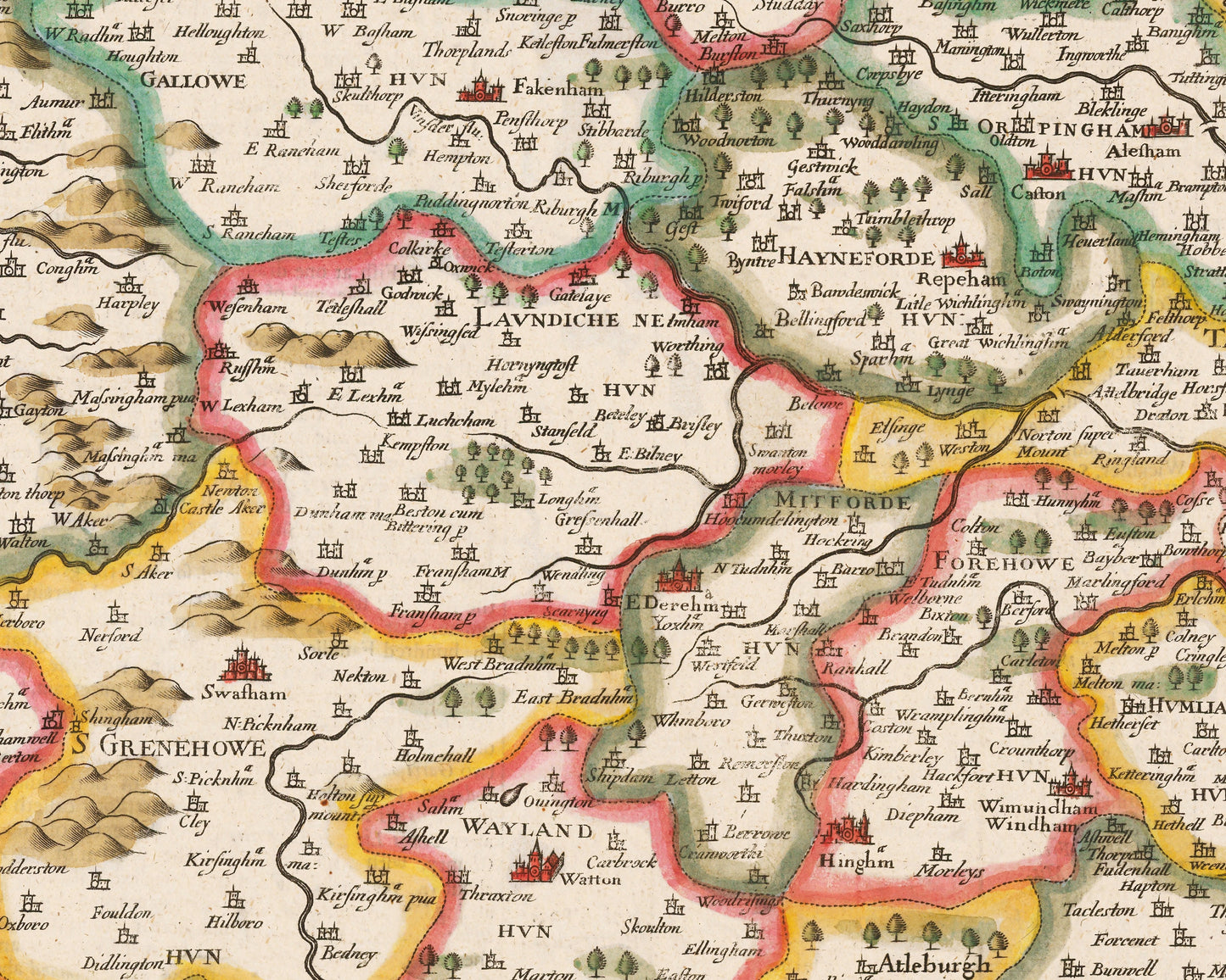 Old NORFOLK map John Speed 1611 Norwich Great Yarmouth Fakenham Diss