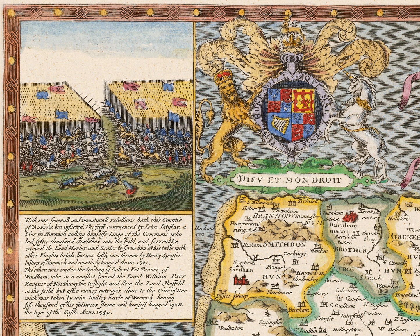 Old NORFOLK map John Speed 1611 Norwich Great Yarmouth Fakenham Diss