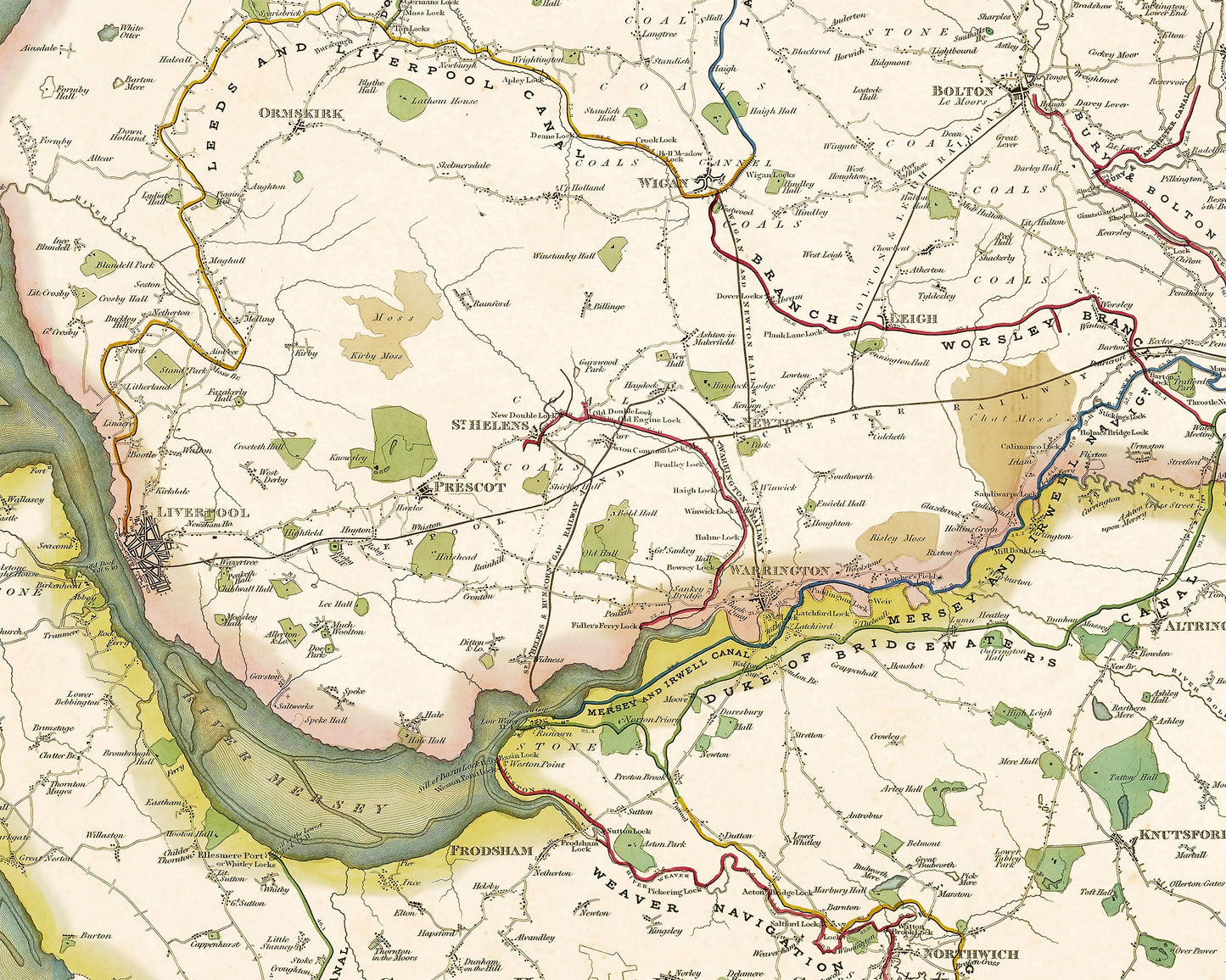 Old CANAL Map George BRADSHAW 1830 Counties of Lancaster York Derby Chester