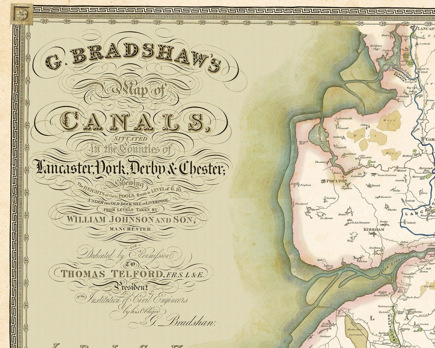 Old CANAL Map George BRADSHAW 1830 Counties of Lancaster York Derby Chester