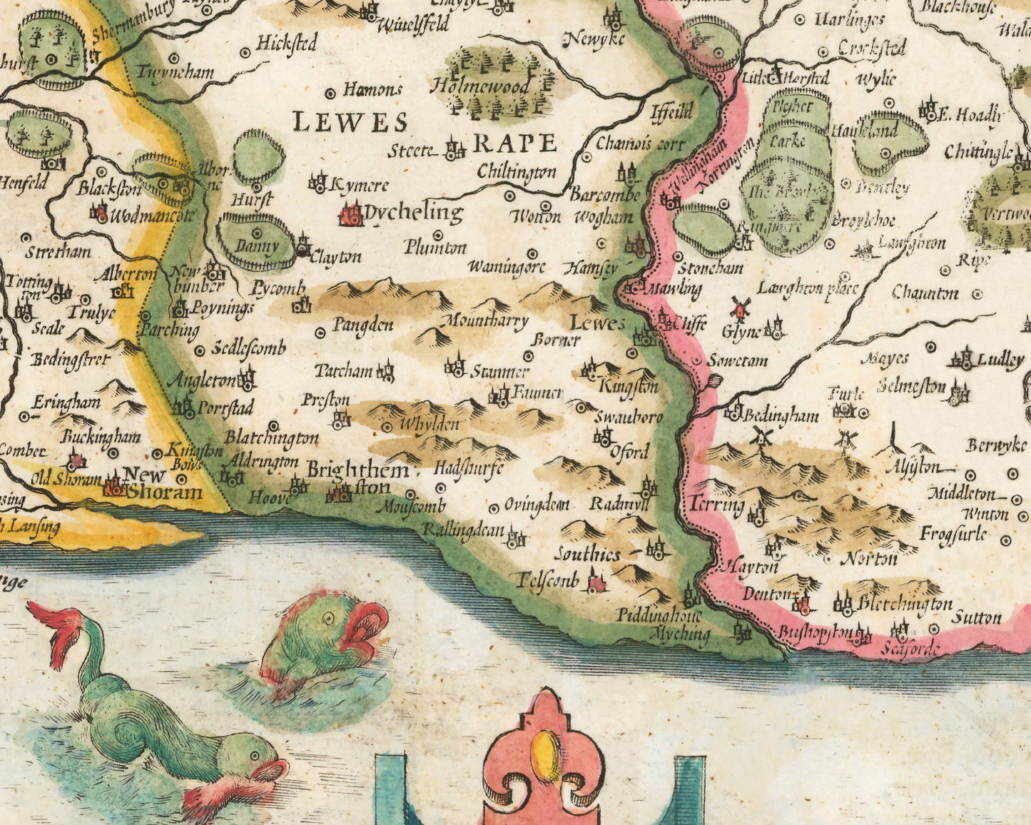 Old SUSSEX map John Speed 1611 Brighton Worthing Eastbourne Crawley