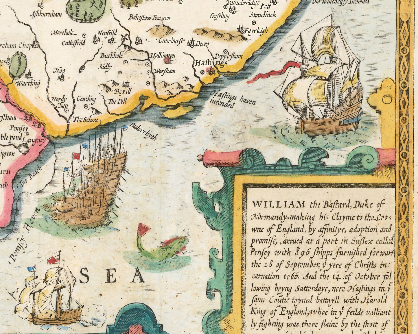 Old SUSSEX map John Speed 1611 Brighton Worthing Eastbourne Crawley