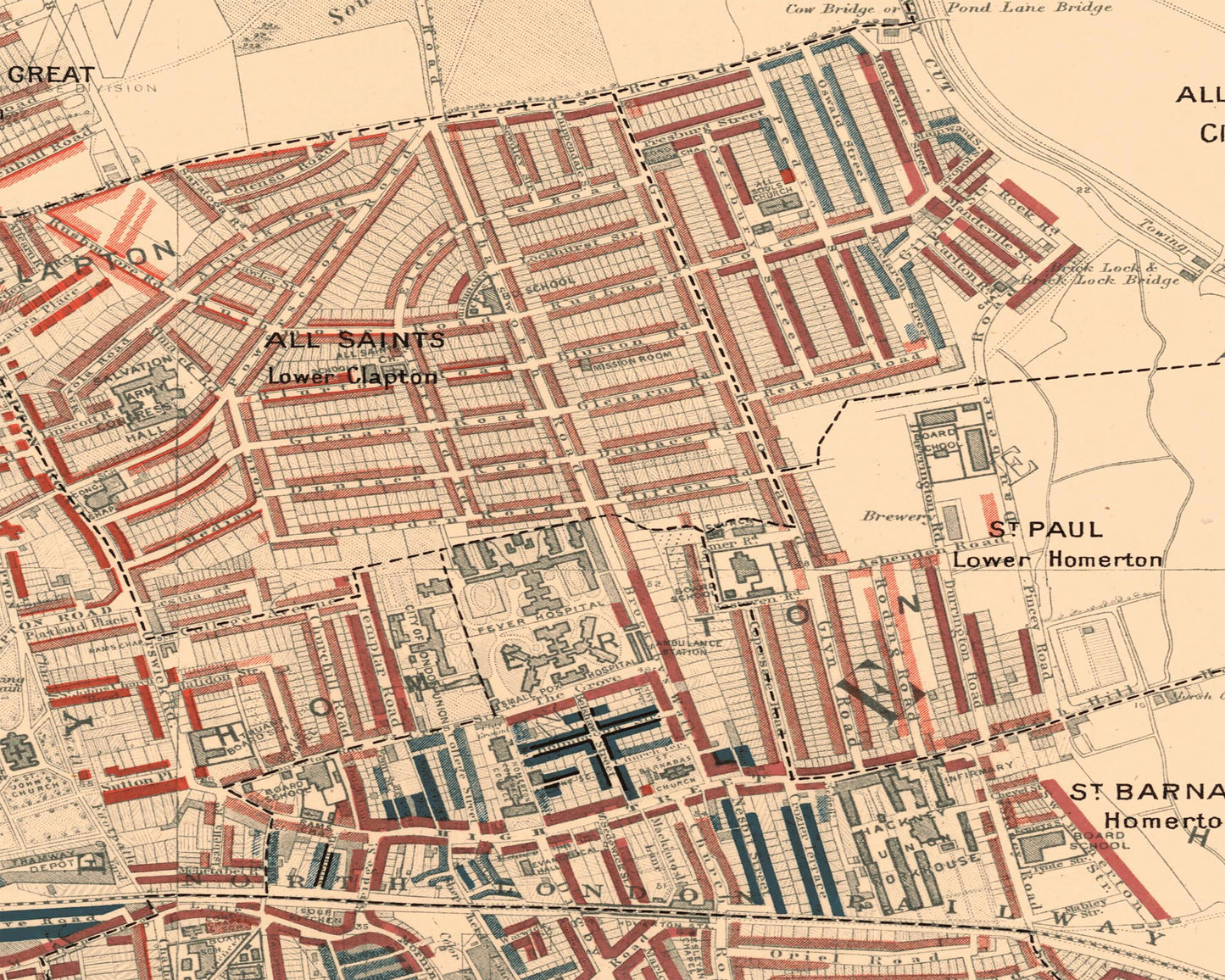 LONDON poverty Map Hackney London Fields Clapton 1898 Charles BOOTH