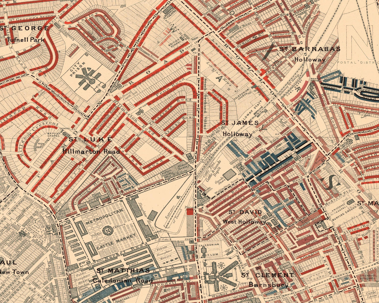 LONDON poverty Map Camden, Islington, Kings Cross 1898 Charles BOOTH