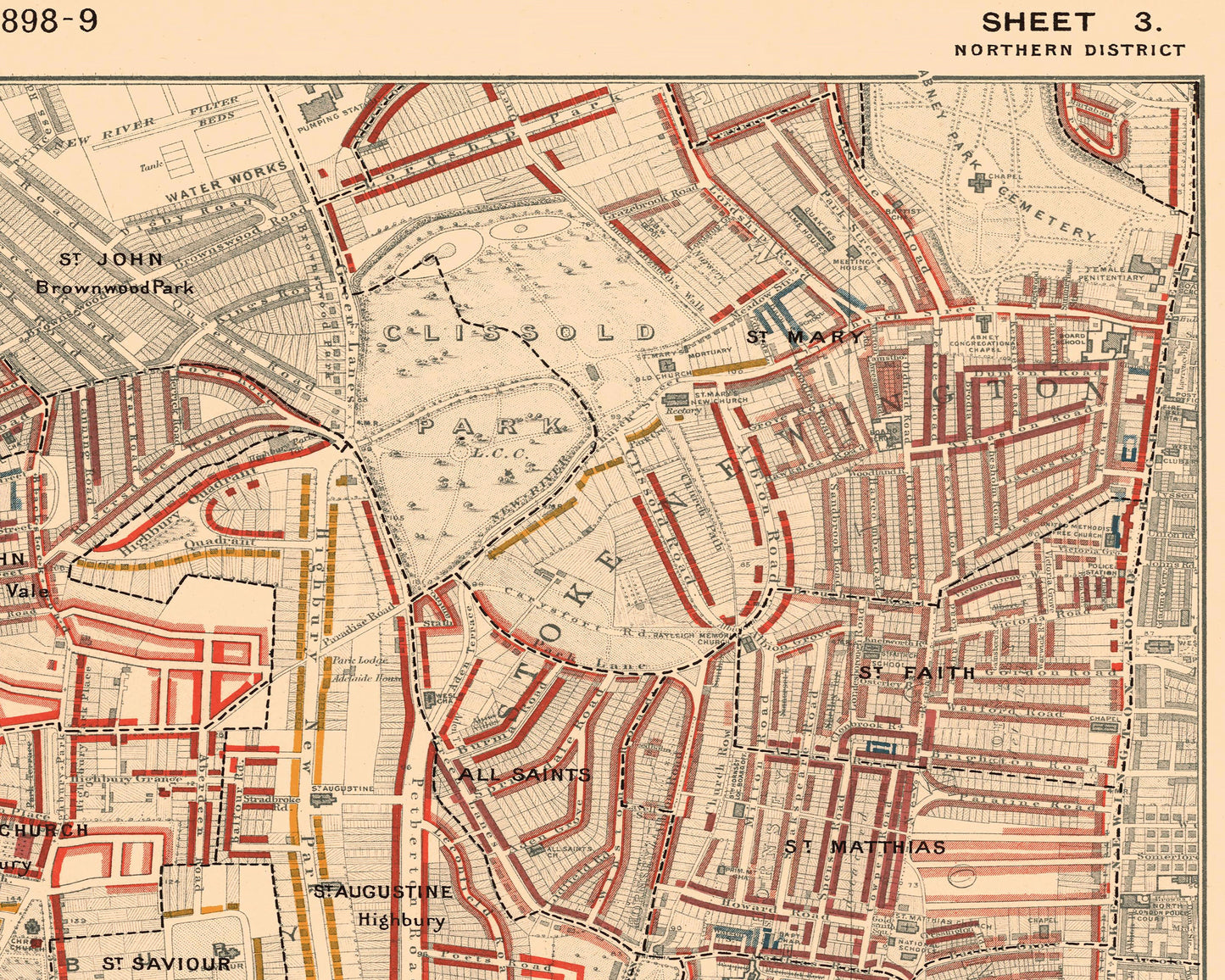 LONDON poverty Map Camden, Islington, Kings Cross 1898 Charles BOOTH