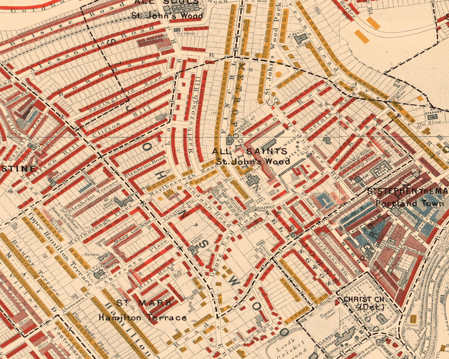 LONDON poverty Map Marylebone Hampstead St Johns 1898 Charles BOOTH