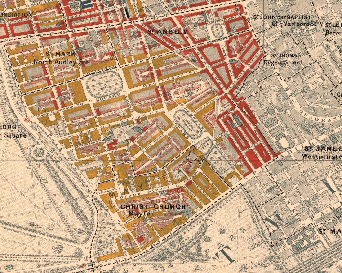 LONDON poverty Map Westminster Kensington Mayfair 1898 Charles BOOTH