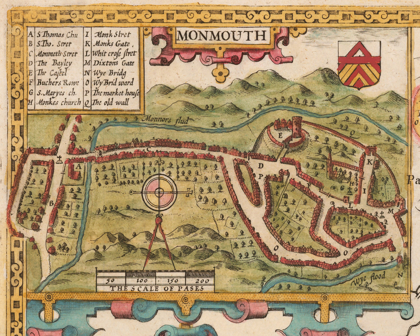 Old MONMOUTHSHIRE map John Speed 1611 Monmouth Abergavenny Chepstow