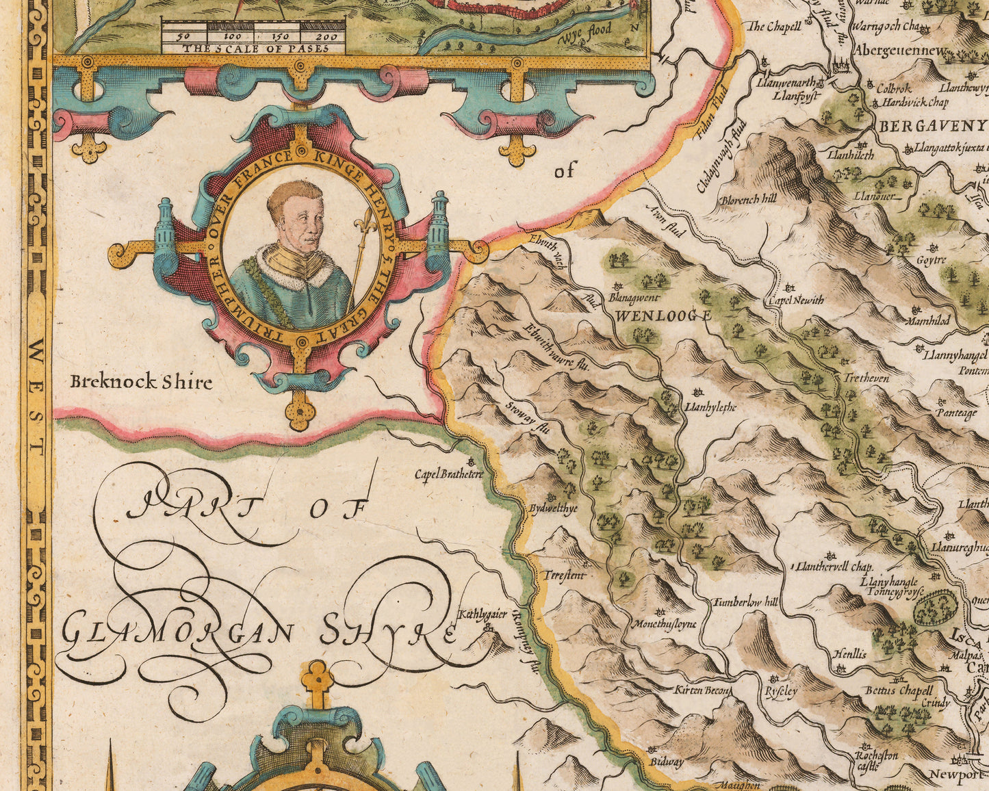 Old MONMOUTHSHIRE map John Speed 1611 Monmouth Abergavenny Chepstow