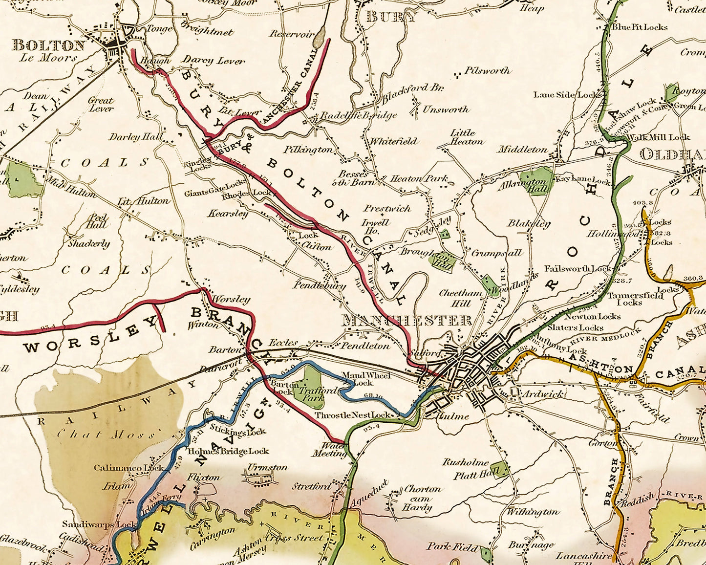 Old CANAL Map George BRADSHAW 1830 Counties of Lancaster York Derby Chester