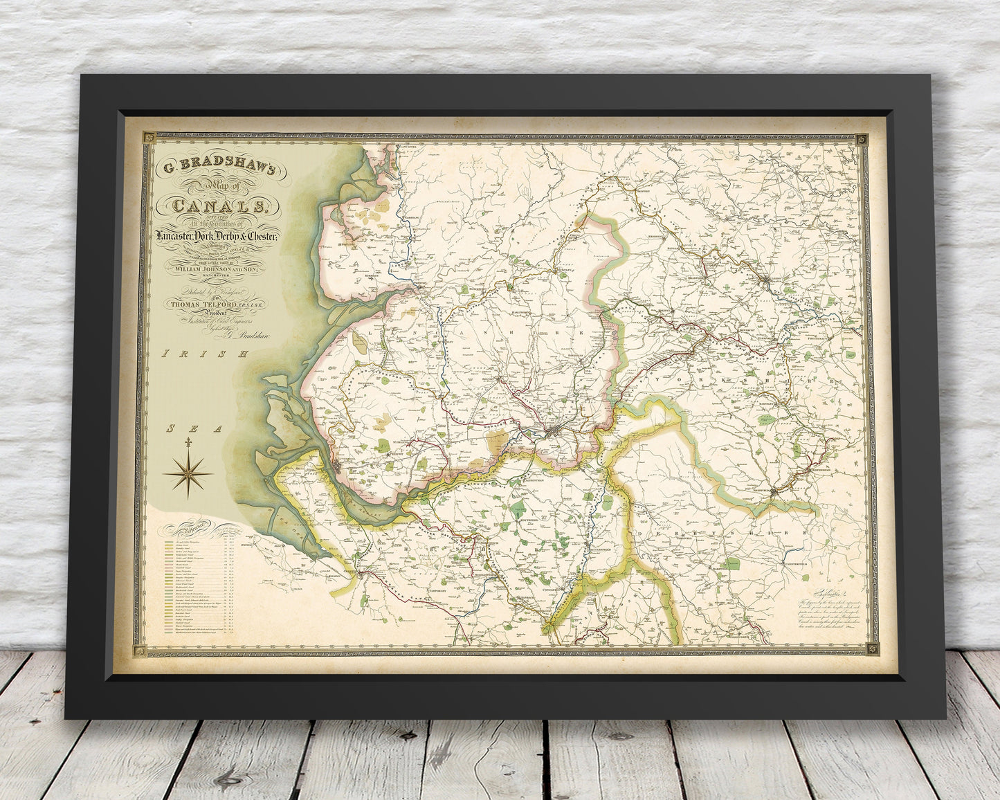 Old CANAL Map George BRADSHAW 1830 Counties of Lancaster York Derby Chester