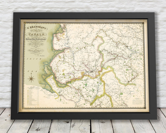 Old CANAL Map George BRADSHAW 1830 Counties of Lancaster York Derby Chester