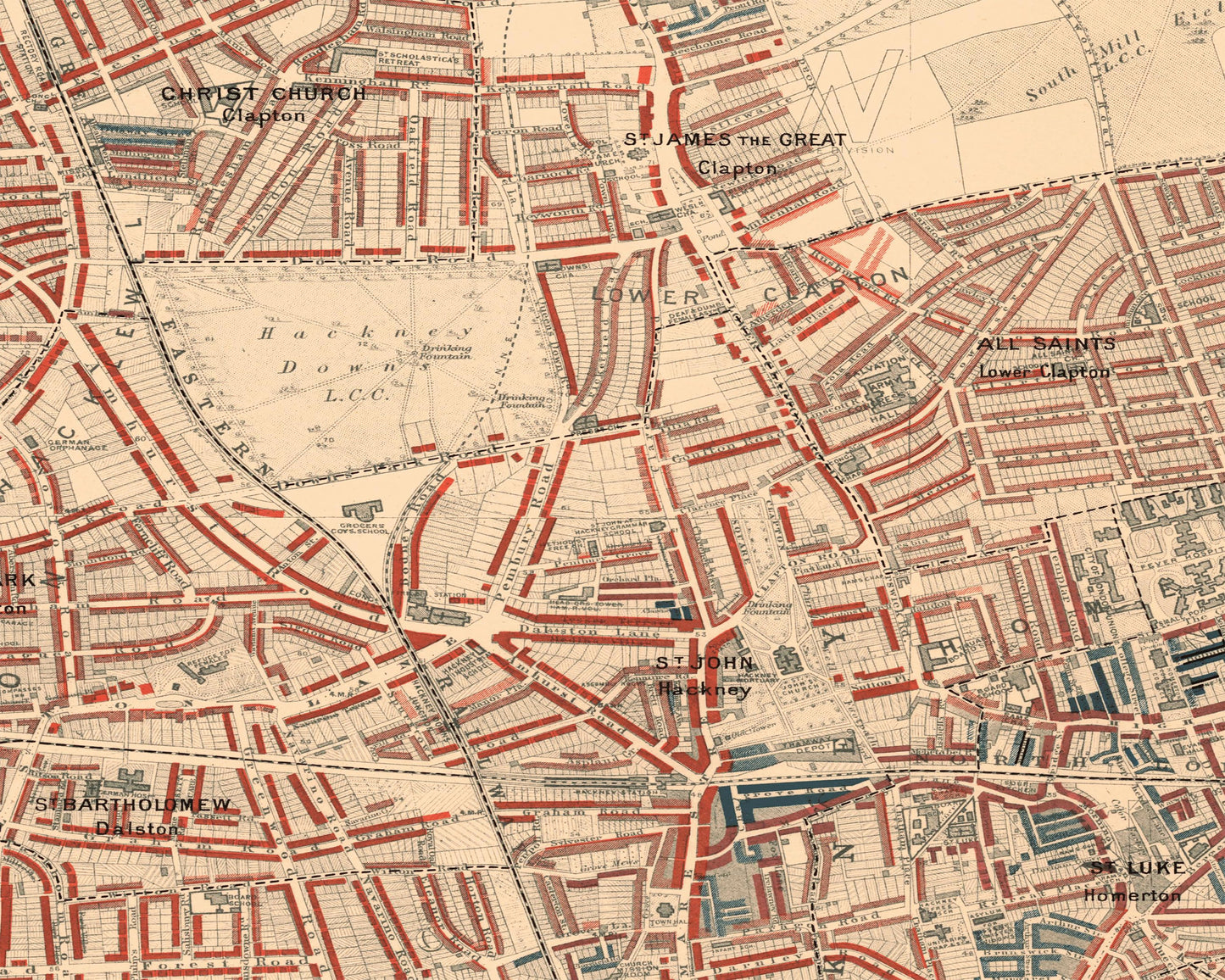 LONDON poverty Map Hackney London Fields Clapton 1898 Charles BOOTH