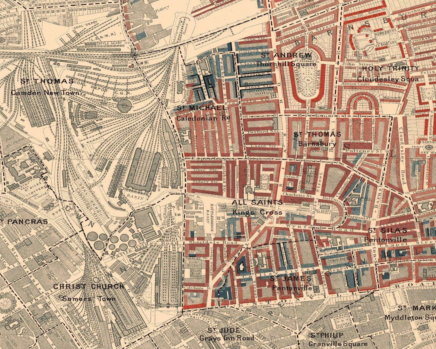 LONDON poverty Map Camden, Islington, Kings Cross 1898 Charles BOOTH