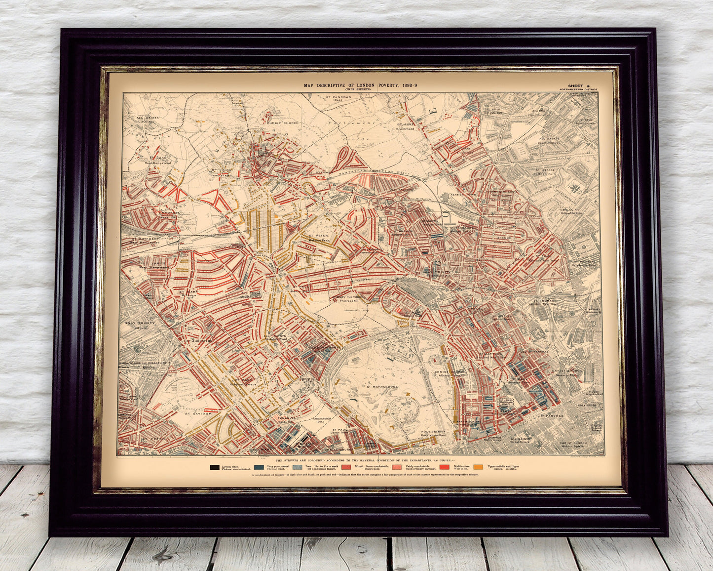LONDON poverty Map Marylebone Hampstead St Johns 1898 Charles BOOTH