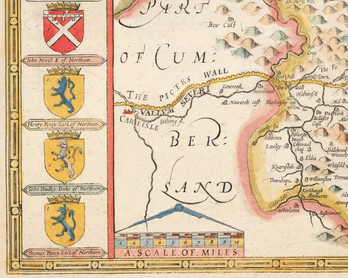 Old NORTHUMBERLAND map John Speed 1611 Newcastle, Gateshead, Berwick