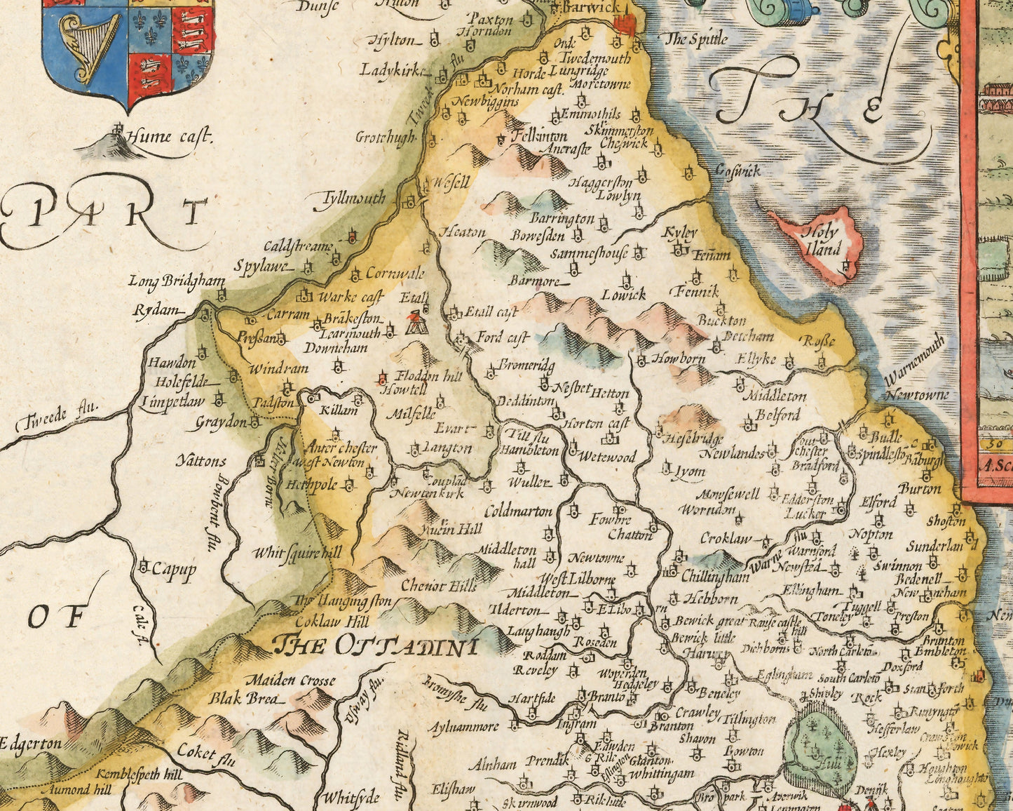 Old NORTHUMBERLAND map John Speed 1611 Newcastle, Gateshead, Berwick