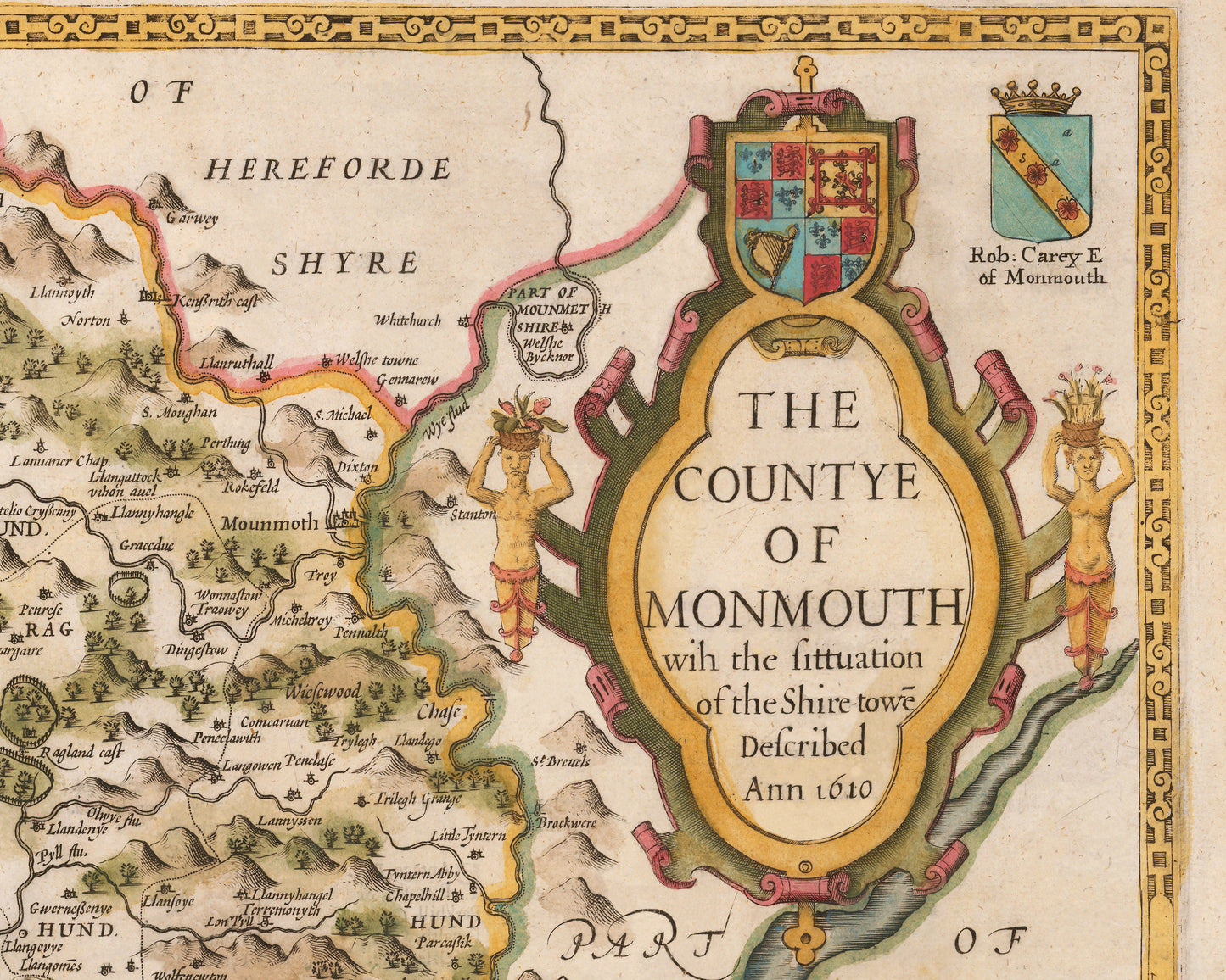 Old MONMOUTHSHIRE map John Speed 1611 Monmouth Abergavenny Chepstow