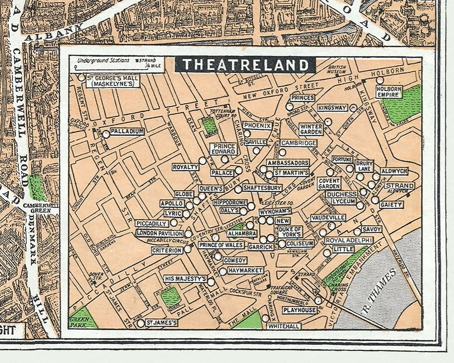 Wonderful PICTORIAL plan of LONDON 1933 - inset cinema and theatre maps