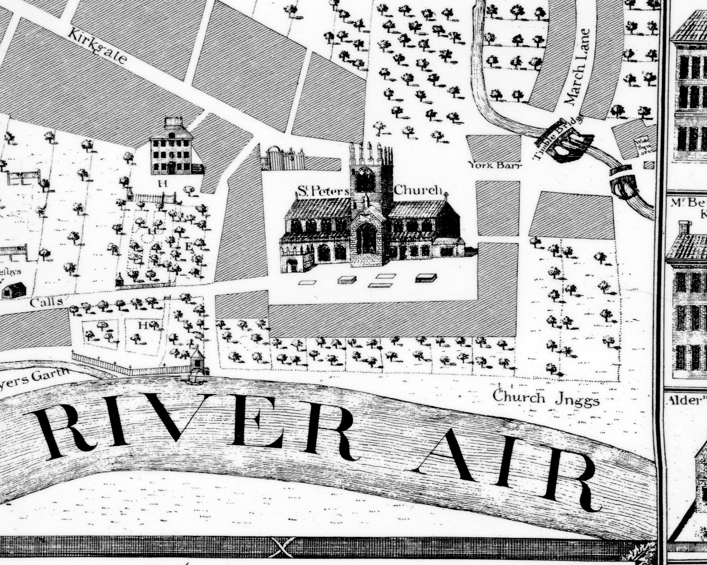 LEEDS map - Cossins Plan of Leedes 1726 Headrow The Calls Briggate