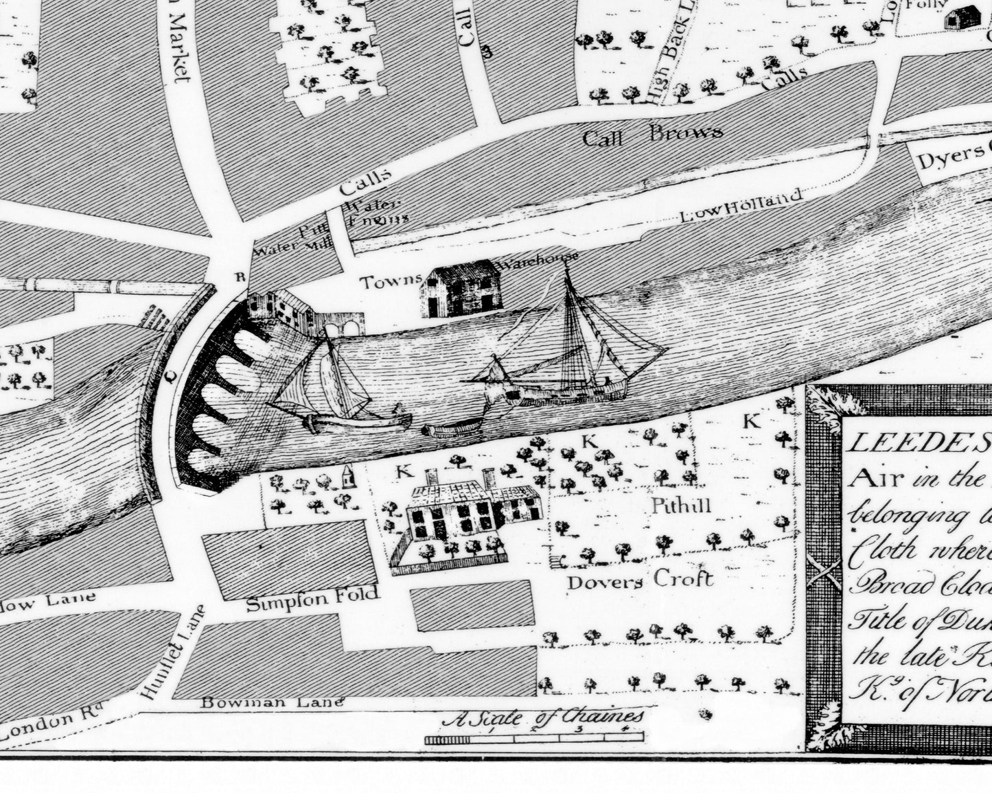 LEEDS map - Cossins Plan of Leedes 1726 Headrow The Calls Briggate