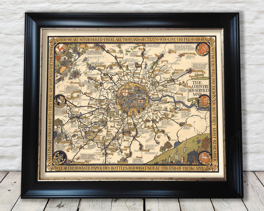 Old LONDON and Suburbs Pictorial Bus Services Map 1928 Max Gill