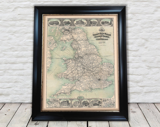 RAILROAD map of England and Wales c1911 by George McCorquodale Rare