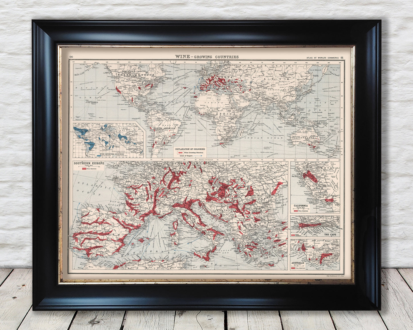 WINE growing Countries Map 1907 vintage reproduction JG Bartholomew