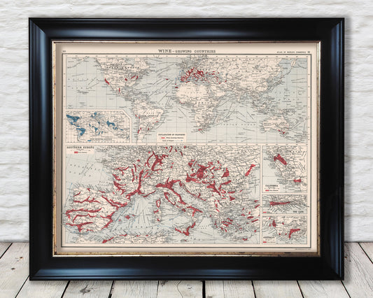 WINE growing Countries Map 1907 vintage reproduction JG Bartholomew