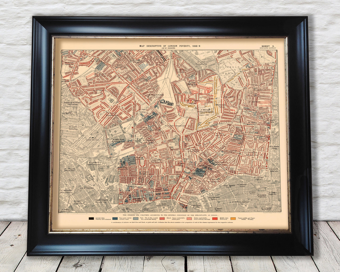 LONDON poverty Map Camden, Islington, Kings Cross 1898 Charles BOOTH