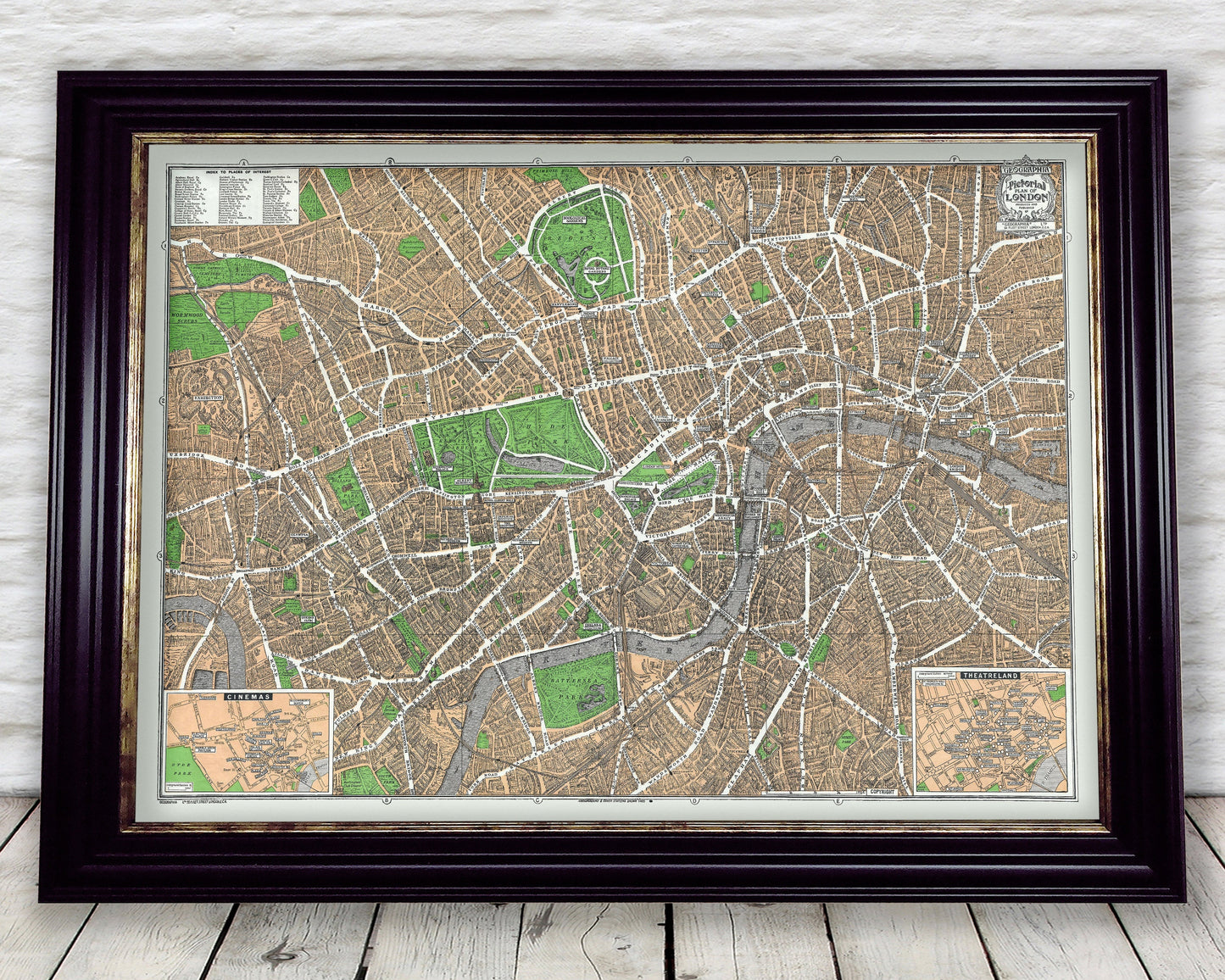 Wonderful PICTORIAL plan of LONDON 1933 - inset cinema and theatre maps