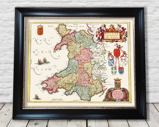 Stunning Old  WALES Map by Joan Blaeu 1645 - Cardiff Swansea Neath