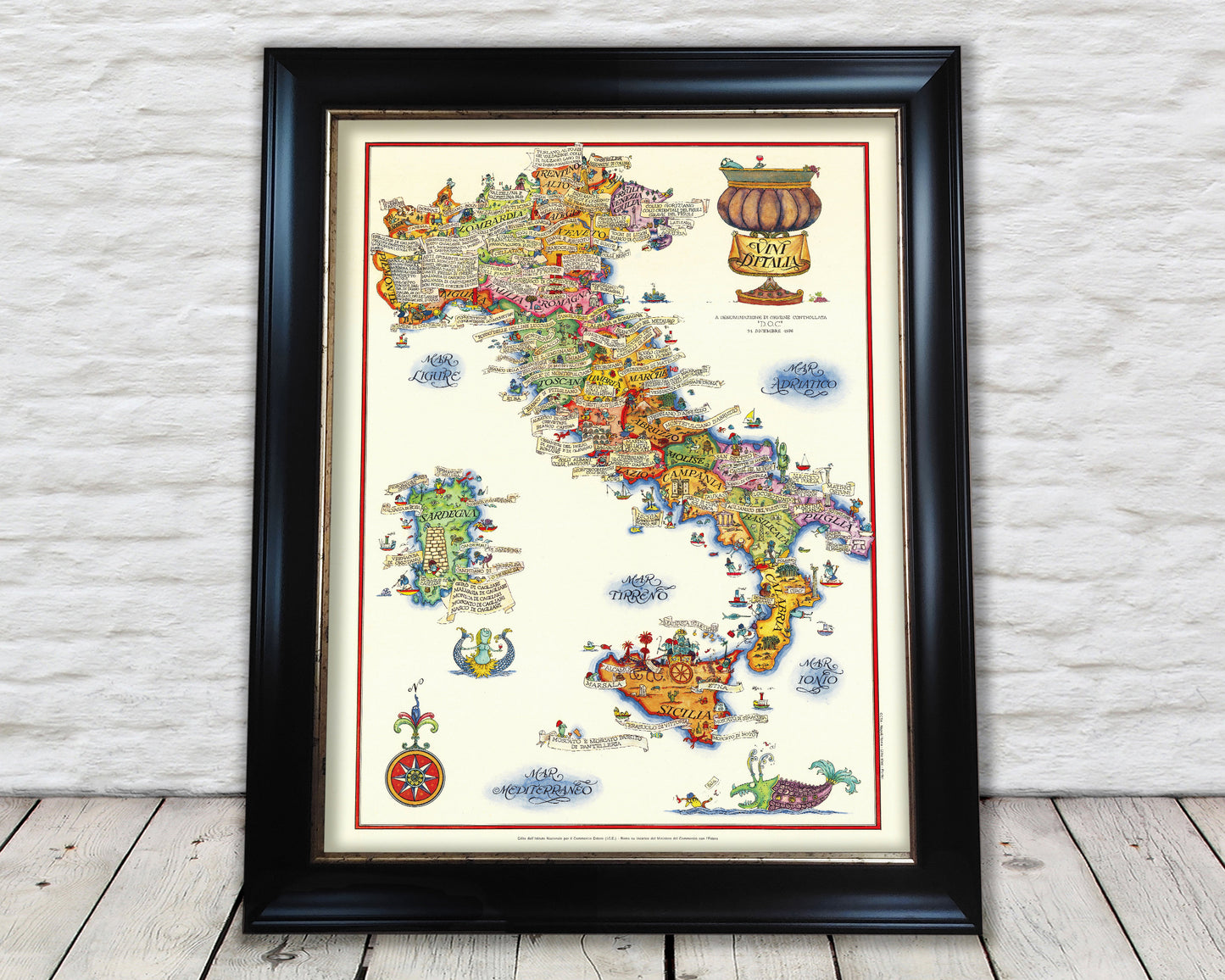 Pictorial WINE map of ITALY Sardinia and Sicily - Vini D'Italia 1976
