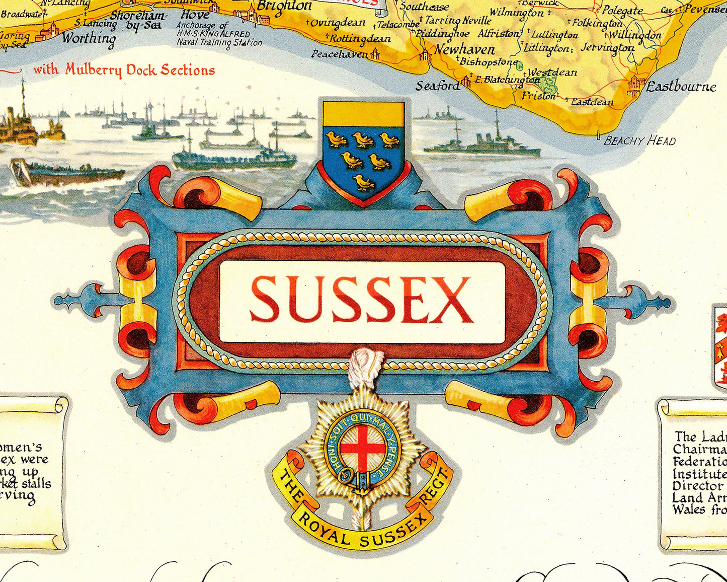 Pictorial SUSSEX Map 1945 Ernest Clegg Chichester Brighton Hastings