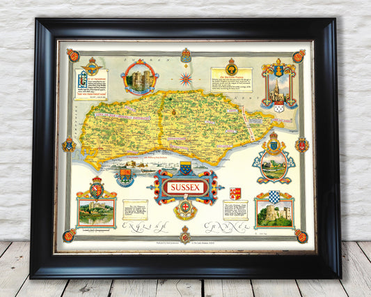 Pictorial SUSSEX Map 1945 Ernest Clegg Chichester Brighton Hastings