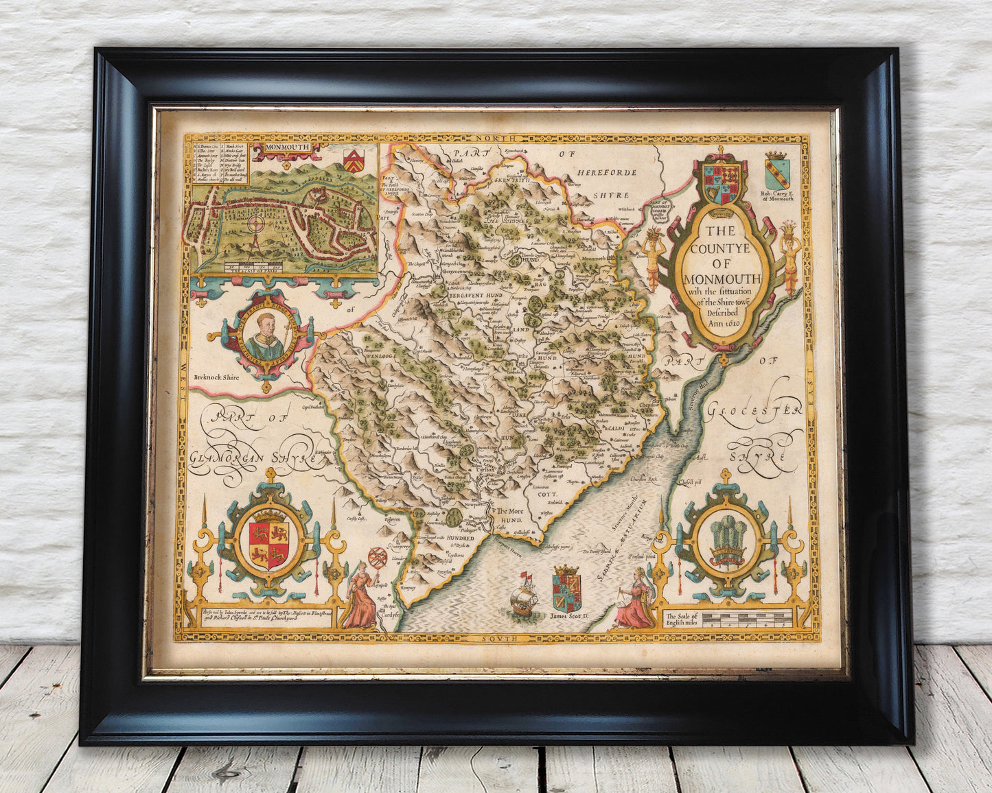 Old MONMOUTHSHIRE map John Speed 1611 Monmouth Abergavenny Chepstow