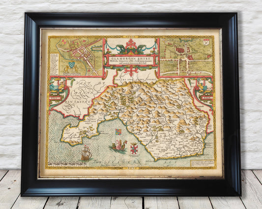 Old GLAMORGAN map by John Speed 1611 Cardiff Swansea Neath Bridgend