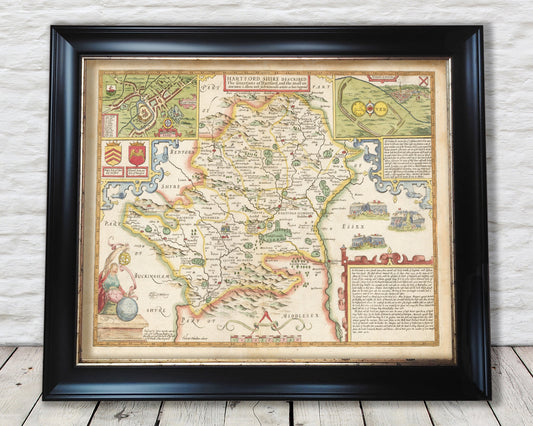 Old HERTFORDSHIRE map by John Speed 1611 St Albans Watford Stevenage