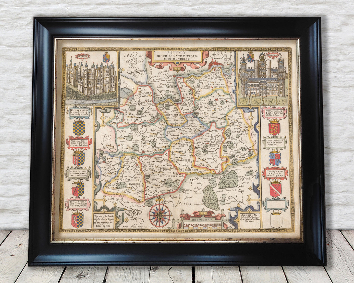 SURREY Old Map by John Speed 1676 Woking Guildford Richmond Croydon