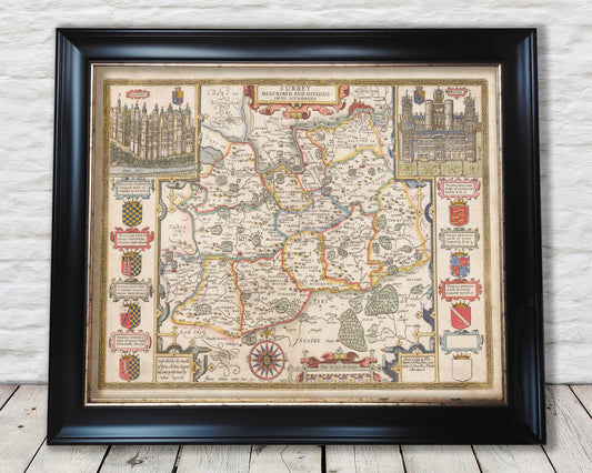 SURREY Old Map by John Speed 1676 Woking Guildford Richmond Croydon