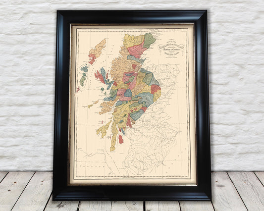 Old SCOTLAND CLAN Map of the Highlands of Scotland by W Lizars 1822