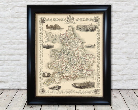 Vintage ENGLAND & WALES Map 1851 John Tallis and John Rapkin