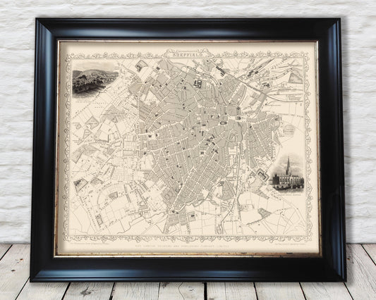 Vintage SHEFFIELD Map 1851 by John Rapkin