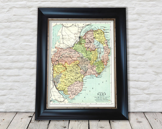 County DOWN Antique reproduction Irish Map 1897 by John Bartholomew