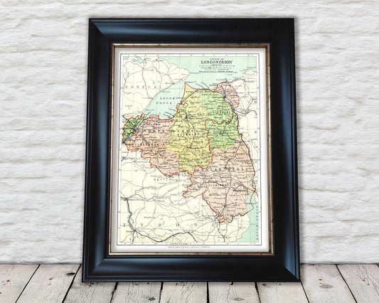 County DERRY/LONDONDERRY, Antique repro Irish Map 1897 Bartholomew